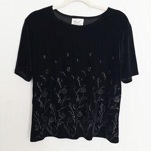 Kathie Lee Vintage Black Velvet Short Sleeves Glitter Roses Women Blouse Size L